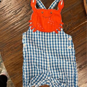 Blue Gingham Romper with Orange Crab Design Mini Biden